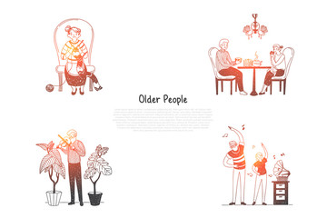 Fototapeta premium Older people - elderly people knitting, drinking tea, playing violin and making exercises with grandchildren vector concept set