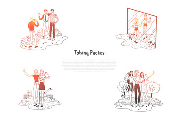 Taking photos - people making photos and selfie in gym and outdoors vector concept set