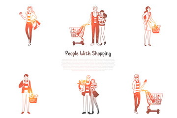 People with shopping - families and people with shopping bags and baskets with purchases vector concept set