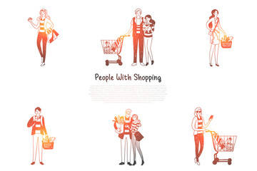 People with shopping - families and people with shopping bags and baskets with purchases vector concept set
