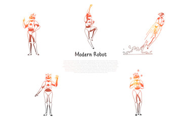 Modern robot - modern robot in different active poses vector concept set