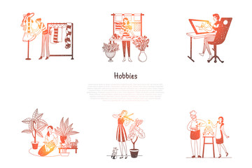 Hobbies - designing clothes, growing plants, playing violin, cooking, painting, making flower compositions vector concept set