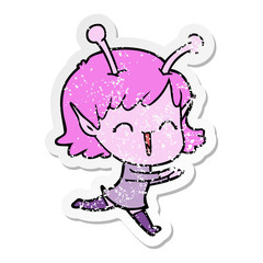 distressed sticker of a cartoon alien girl laughing