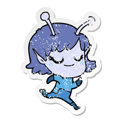 distressed sticker of a smiling alien girl cartoon running