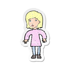 retro distressed sticker of a cartoon cautious woman