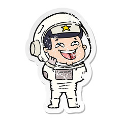 distressed sticker of a cartoon laughing astronaut