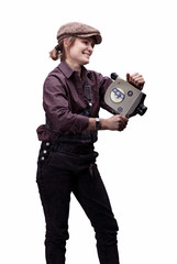 The girl in the image of the operator poses with a retro movie camera on a white background.