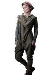 Young woman in a green jumpsuit in a cap and glasses posing in the studio isolated on a white background.