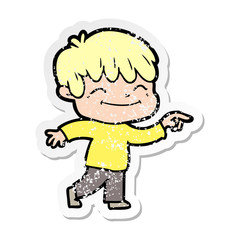 distressed sticker of a cartoon happy boy