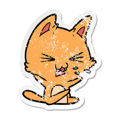 distressed sticker of a cartoon cat hissing