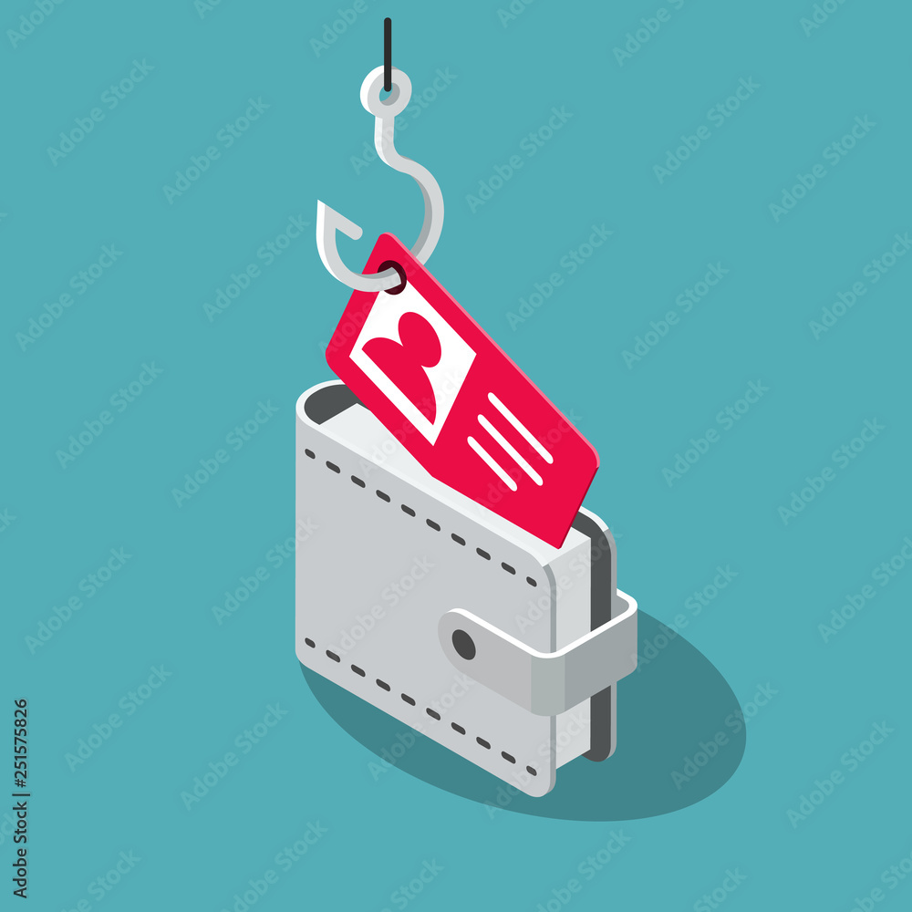 Poster identity spoofing internet cyber attack symbol with wallet and identity card, isolated on blue backg