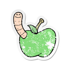 retro distressed sticker of a cartoon apple with worm