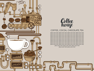 Vector banner on coffee theme with a cup of freshly brewed drink, plant with conveyor coffee production, inscription Coffee House and place for text in retro style. Decorative coffee maker