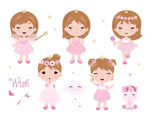Wall murals Girls room Vector cute little baby girl dressed as princess. Baby princess set. Vector little baby girl with magic wand.