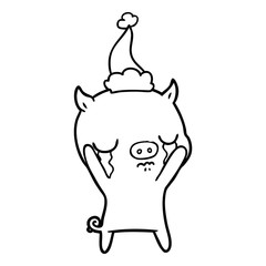 line drawing of a pig crying wearing santa hat