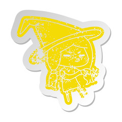 distressed old sticker of a cute witch kawaii girl