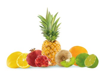 Realistic fruit on a white background, pineapple, lemon, kiwi, lime, pomegranate, orange. Vector graphics.