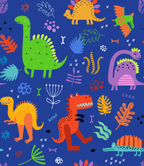 Seamless pattern with dinosaurs and flowers