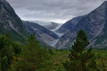 Fototapeta premium view from far away of a glacier Nigardsbreen, Norway, Europe, august 2018