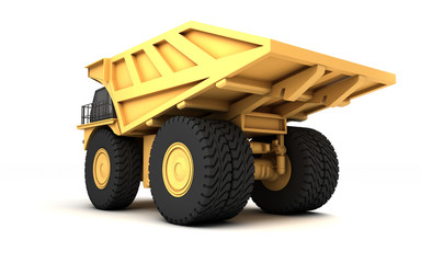Low angle rear view of the huge empty mining dump truck isolated on white background. Left side. Wide angle. 3d illustration.