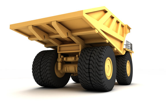 Low angle rear view of the huge empty mining dump truck isolated on white background. Right side. Wide angle. 3d illustration.