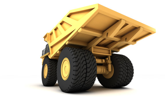 Low angle rear view of the huge empty mining dump truck isolated on white background. Left side. Wide angle. 3d illustration.