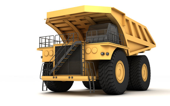 Huge empty mining dump truck isolated on white background. Perspective. Front side view. Low angle. Left side. 3d illustration.