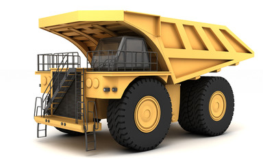 Huge empty mining dump truck isolated on white background. Perspective. Front side view. Eye level. Left side. 3d illustration.