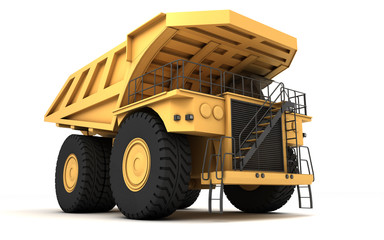 Huge empty mining dump truck isolated on white background. Perspective. Front side view. Low angle. Fish eye lens. Right side. 3d illustration.