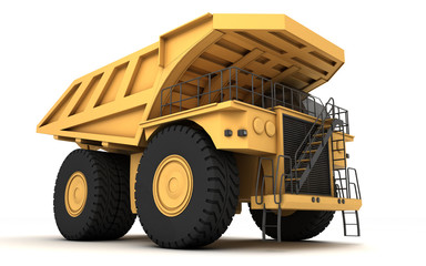 Huge empty mining dump truck isolated on white background. Perspective. Front side view. Low angle. Fish eye lens. Right side. 3d illustration.