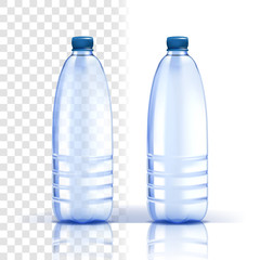 Naklejka premium Plastic Bottle Vector. Healthy, Natural. Bluer Classic Water Bottle With Cap. Container For Drink, Beverage, Liquid, Soda, Juice. Branding Design. Realistic Isolated Transparent Illustration