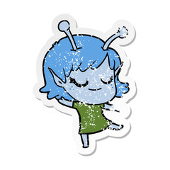 distressed sticker of a smiling alien girl cartoon