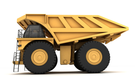 Low angle view at left side of the huge empty mining dump truck isolated on white background. Left side. Low angle. 3d illustration.