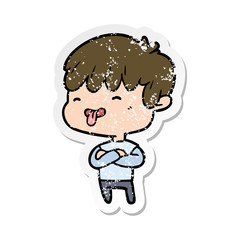 Obraz premium distressed sticker of a cartoon boy sticking out tongue