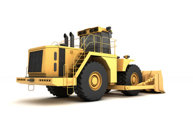 Powerful yellow hydraulic wheel bulldozer isolated on white. 3D illustration. Perspective. Low angle. Rear side view. Right side.