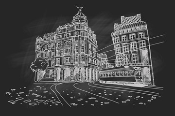 Hand drawn ink line sketch of european street