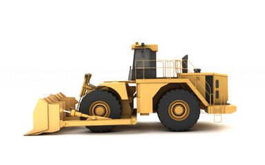 Side view on powerful yellow hydraulic wheel bulldozer isolated on white. 3D illustration. Right side view. Eye level.