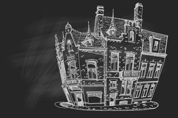 Hand drawn ink line sketch of european street