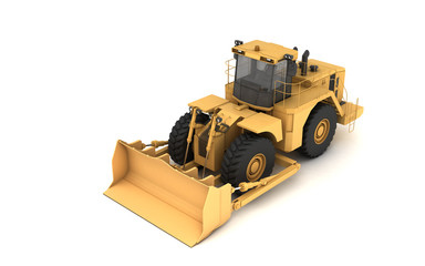 High angle view on powerful yellow hydraulic wheel bulldozer isolated on white. 3D illustration. Isometric. Perspective. Front side view. Left side.