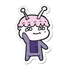 sticker of a friendly cartoon spaceman waving