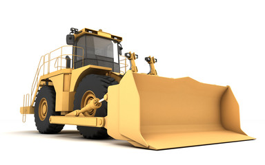 Powerful yellow hydraulic wheel bulldozer isolated on white. 3D illustration. Perspective. Low angle view. Front side view. Right side.