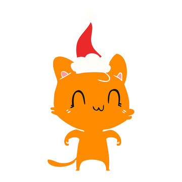 flat color illustration of a happy cat wearing santa hat