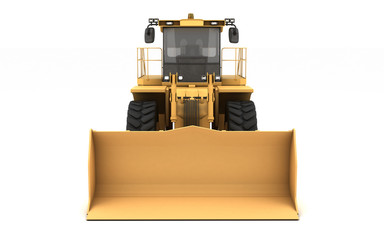 Powerful yellow hydraulic wheel bulldozer isolated on white. 3D illustration. Front view. Eye level.