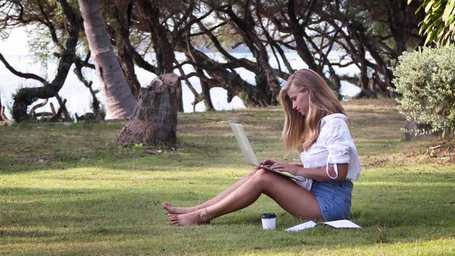 Young woman using a laptop for freelance work in the park. Woman student studies online on a notebook in the summer park.
