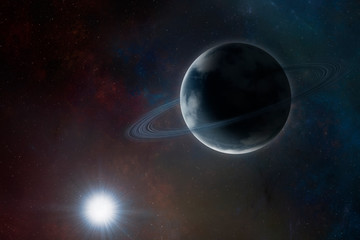 Blue planet with rings and atmosphere on space background near sun. Sci-fi space art with...