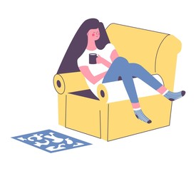 Girl drinking tea on armchair woman spending evening home