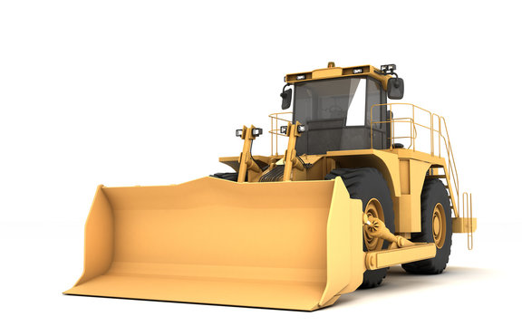 Powerful yellow hydraulic wheel bulldozer isolated on white. 3D illustration. Perspective. Front side view. Left side.