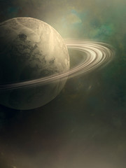 planet with rings in surreal space scene, saturn planet digital illustration astronomy background © andreiuc88