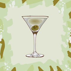 Dirty Martini Contemporary classic cocktail illustration. Alcoholic bar drink hand drawn vector. Pop art isolated sketch style menu item.