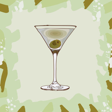 Dirty Martini Contemporary Classic Cocktail Illustration. Alcoholic Bar Drink Hand Drawn Vector. Pop Art Isolated Sketch Style Menu Item.